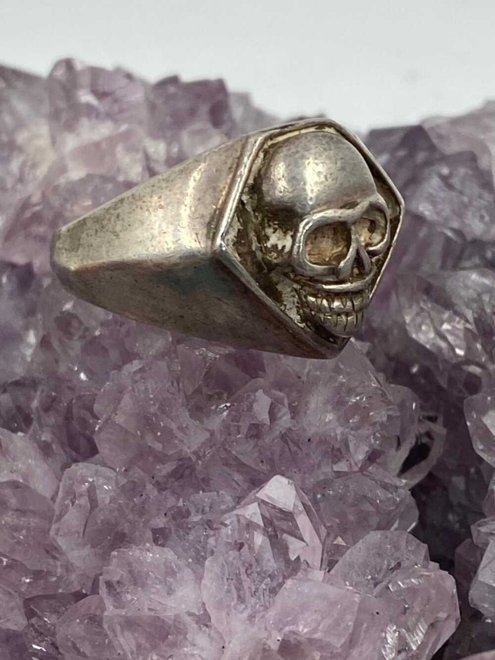 Vintage Sterling Silver Skull Signet Ring Men's S…